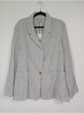 Striped Linen Blend Blazer By A New Day L Gray/White Single Button Notch Lapel